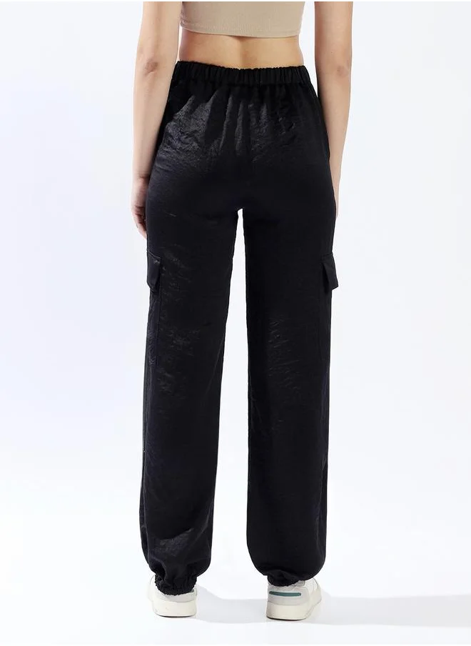 هاي ستار Women Trousers, Oversized, Solid, Black, in 100% Polyester, Button closure, Woven weave, High-Rise waist, perfect for Casual. Redefine your wardrobe now!