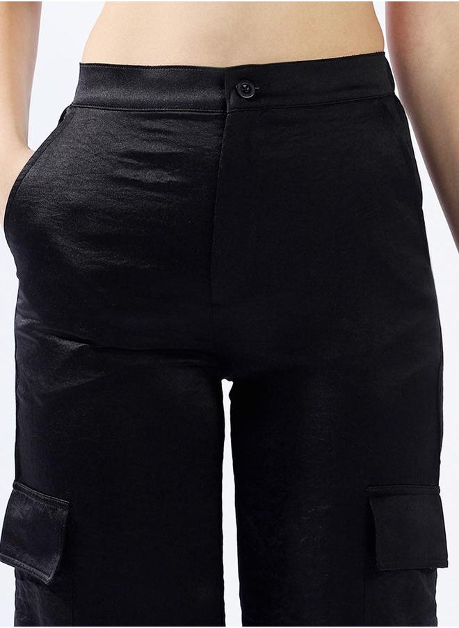 HIGH STAR Women Relaxed Loose Fit High-Rise Cargo Textured Satin Jogger Trousers  - Image 5