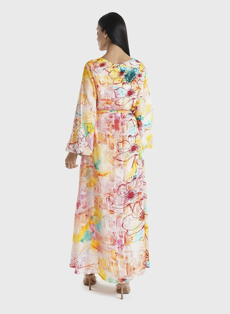 KASHKHA  Peach Floral Printed Viscose Crepe Hand Work Maxi Dress (VDU818) for Women | Best Price UAE