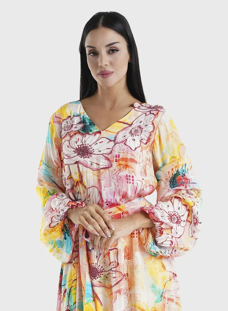 KASHKHA Peach Floral Printed Viscose Crepe Hand Work Maxi Dress (VDU818)