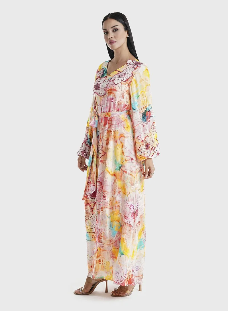 KASHKHA  Peach Floral Printed Viscose Crepe Hand Work Maxi Dress (VDU818) for Women | Best Price UAE