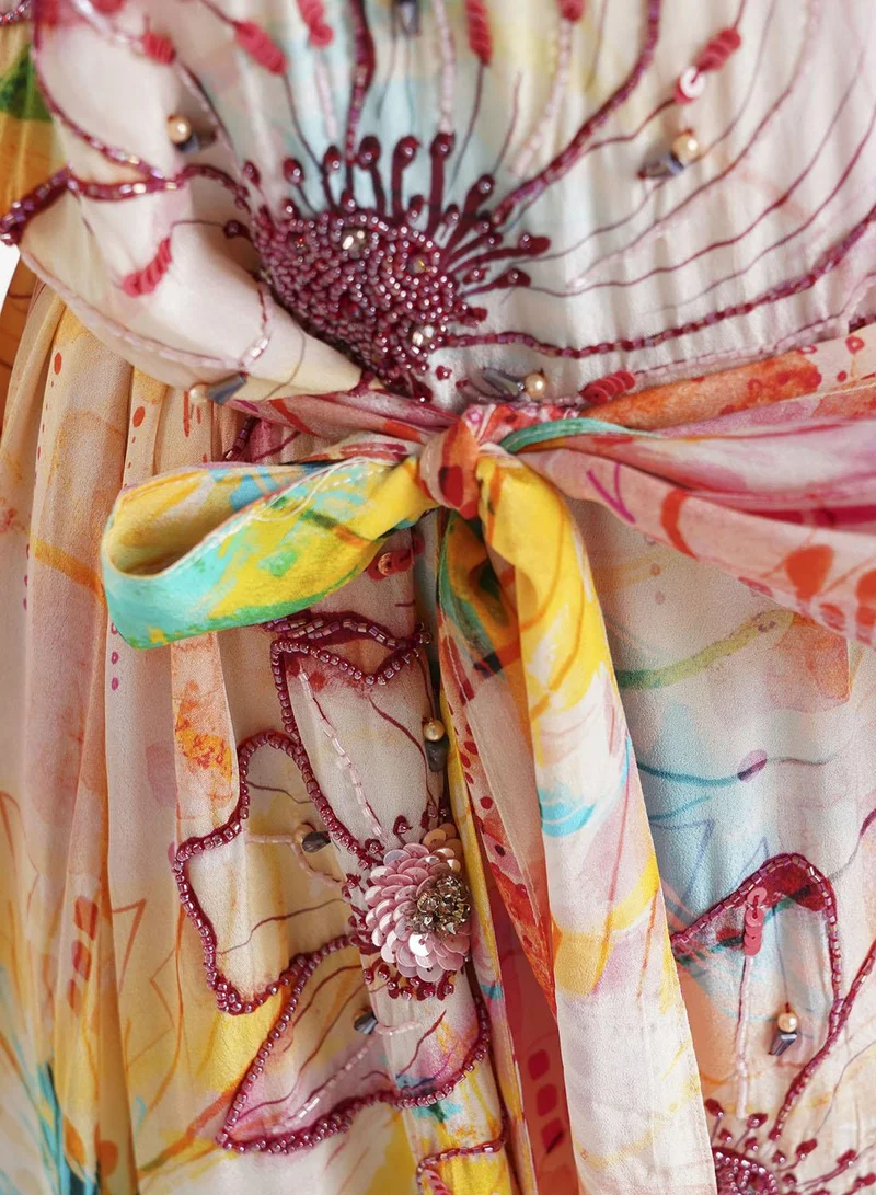 KASHKHA  Peach Floral Printed Viscose Crepe Hand Work Maxi Dress (VDU818) for Women | Best Price UAE
