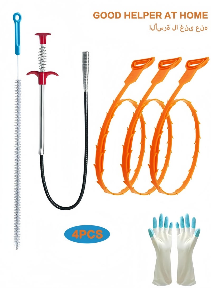 35.5inch Drain Clog Remover(1pcs), 25inch Drain Snake Hair Remover(3pcs) ＆ Cleaning Brush(1pcs), A pair of cleaning gloves, Hair Catcher Drain Auger Cleaner Tool Set For Toilet, Kitchen Sink, Bathroom Tub, Sewer, 6 Pack - Image 1