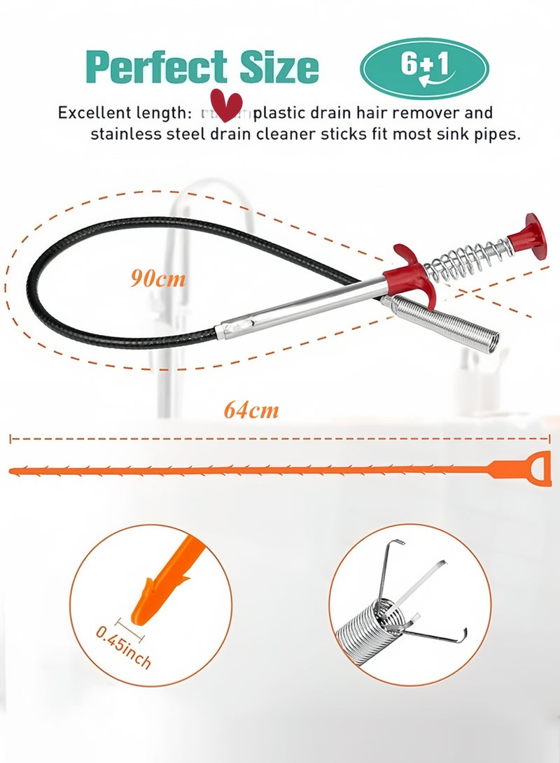35.5inch Drain Clog Remover(1pcs), 25inch Drain Snake Hair Remover(3pcs) ＆ Cleaning Brush(1pcs), A pair of cleaning gloves, Hair Catcher Drain Auger Cleaner Tool Set For Toilet, Kitchen Sink, Bathroom Tub, Sewer, 6 Pack - Image 2
