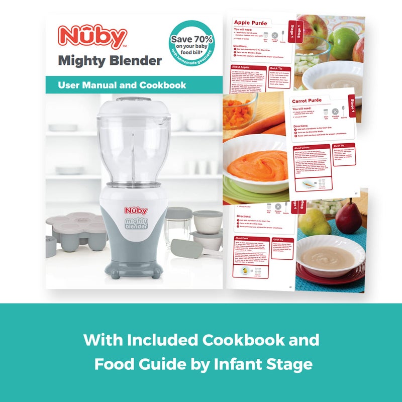 Nuby Mighty Blender with Cookbook - 22-Piece Baby Food Maker Set for Different Baby Weaning Stages - Cool Gray Design - Image 4