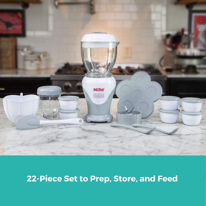 Nuby Mighty Blender with Cookbook - 22-Piece Baby Food Maker Set for Different Baby Weaning Stages - Cool Gray Design - Image 2