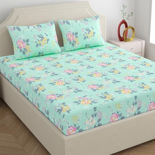Home Ecstasy 100% Cotton King Bedsheet with 2 Pillow Covers - (Size 108 x 108 inches, 140 TC, Colour - Seagreen: Sea Foam) - Image 1