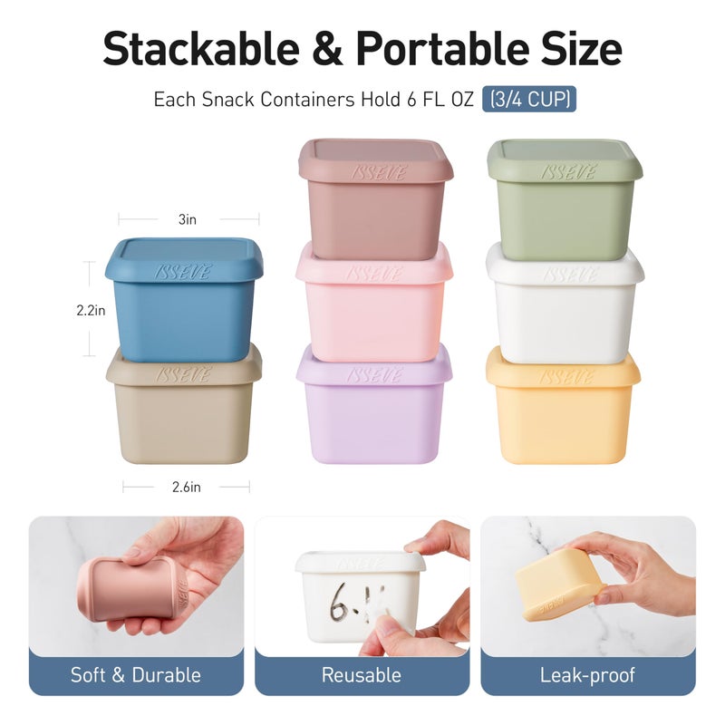ISSEVE 8Pack 6oz Silicone Snack Containers for Kids, Reusable Small Containers with Lids, Leak Proof Silicone Food Storage Containers, Stackable Kids Lunch Box for Daycare, School, Travel - Image 2
