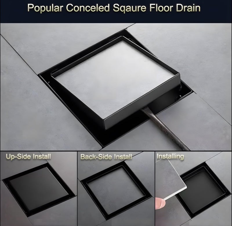 24x7 eMall Black Floor Drain 4 x 4 Inches Tile Insert Floor Drain, SS, Invisible Shower Drain Channe Tile Drain Channel with Stainless Steel Cockroach Trap Concealed Matt Black - Image 2