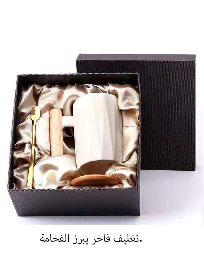 أديلي - كوب قهوة سيراميك بغطاء خشبي ، كوب هدايا ، أبيض - Image 1