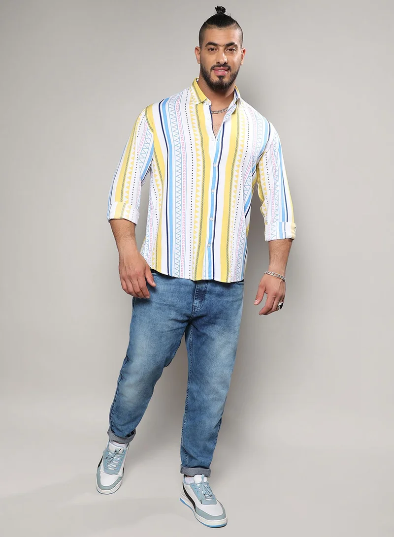 Instafab Plus Instafab Plus Men's Multicolour Geometric Striped Shirt For Casual Wear | Spread Collar | Long Sleeve | Button Closure | Heavy Rayon Shirt Crafted With Comfort Fit For Everyday Wear