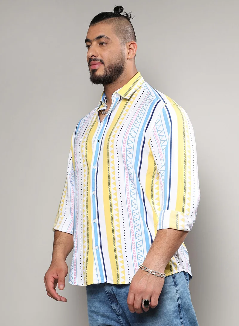 Instafab Plus Instafab Plus Men's Multicolour Geometric Striped Shirt For Casual Wear | Spread Collar | Long Sleeve | Button Closure | Heavy Rayon Shirt Crafted With Comfort Fit For Everyday Wear