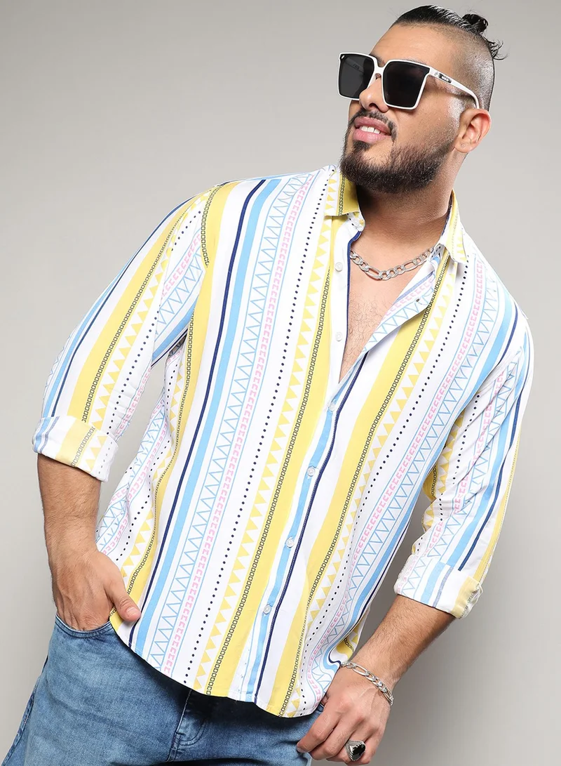 Instafab Plus Instafab Plus Men's Multicolour Geometric Striped Shirt For Casual Wear | Spread Collar | Long Sleeve | Button Closure | Heavy Rayon Shirt Crafted With Comfort Fit For Everyday Wear