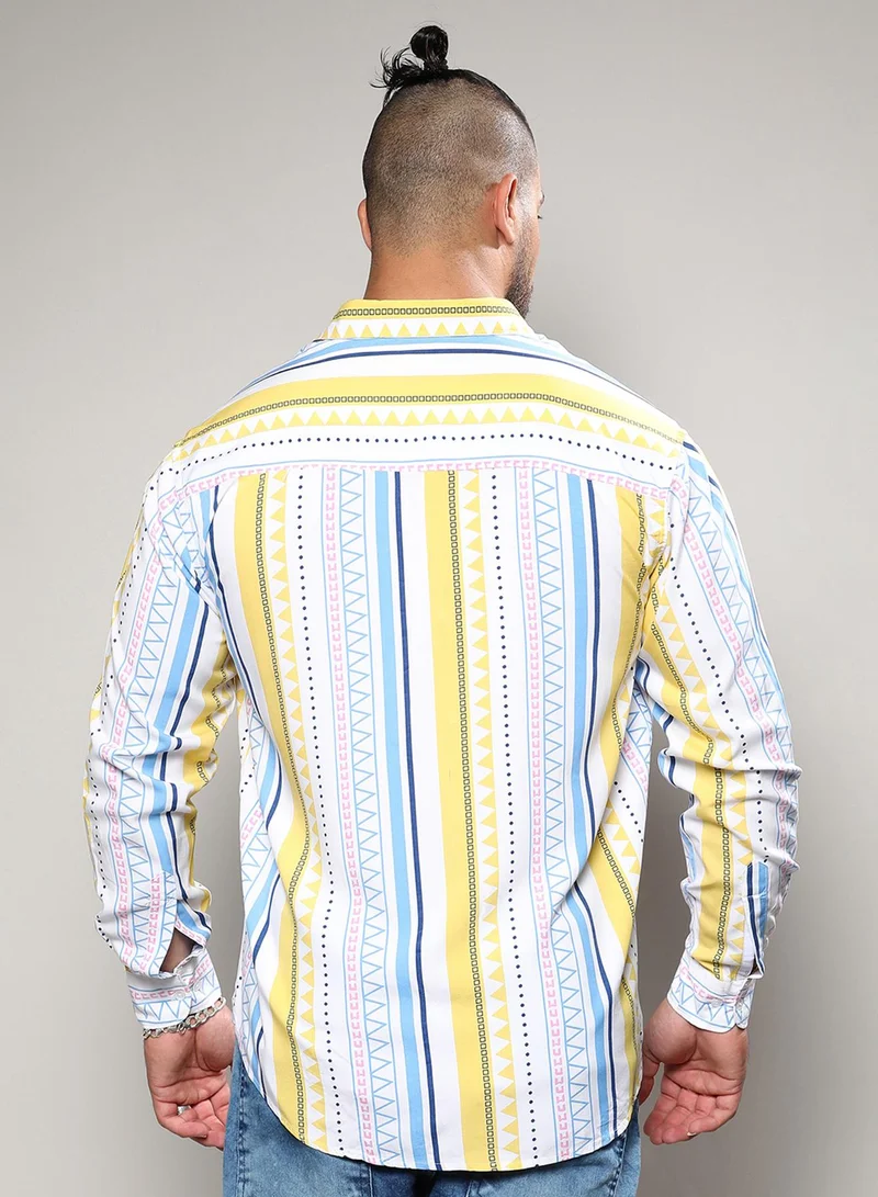 Instafab Plus Instafab Plus Men's Multicolour Geometric Striped Shirt For Casual Wear | Spread Collar | Long Sleeve | Button Closure | Heavy Rayon Shirt Crafted With Comfort Fit For Everyday Wear