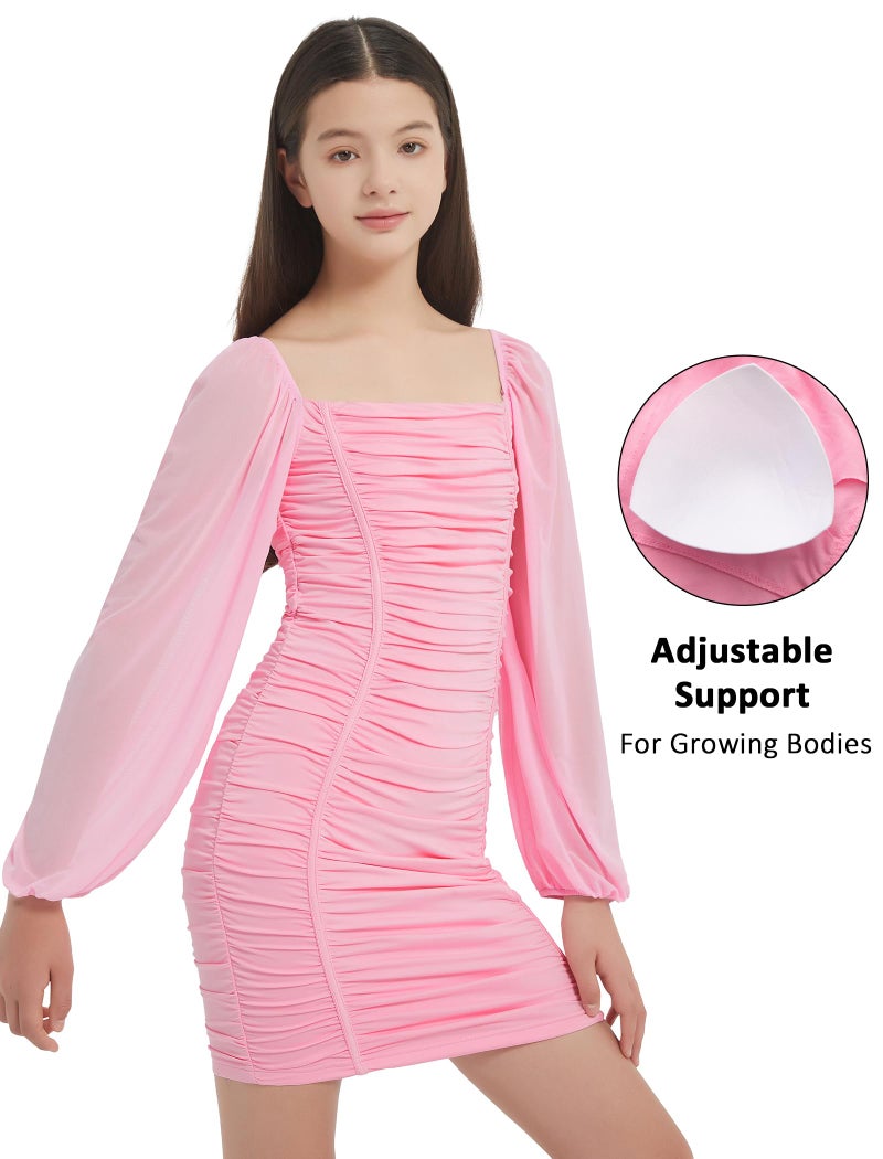 EXARUS Girls Dresses Bodycon Ruched Teens Mesh Lantern Long Sleeve Formal with Removable Pads Homecoming Dance Tight Mini Dress Short Tween Easter Pink 10Y - Image 2