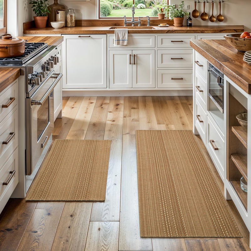 MatEssenz Cotton Blend Kitchen Rug Set 2 Piece, American Country Woven Runner Rug and Doormat, 20"x48"+20"x30", Rustic Farmhouse Washable Area Rugs for Kitchen, Laundry, Entryway - Image 1