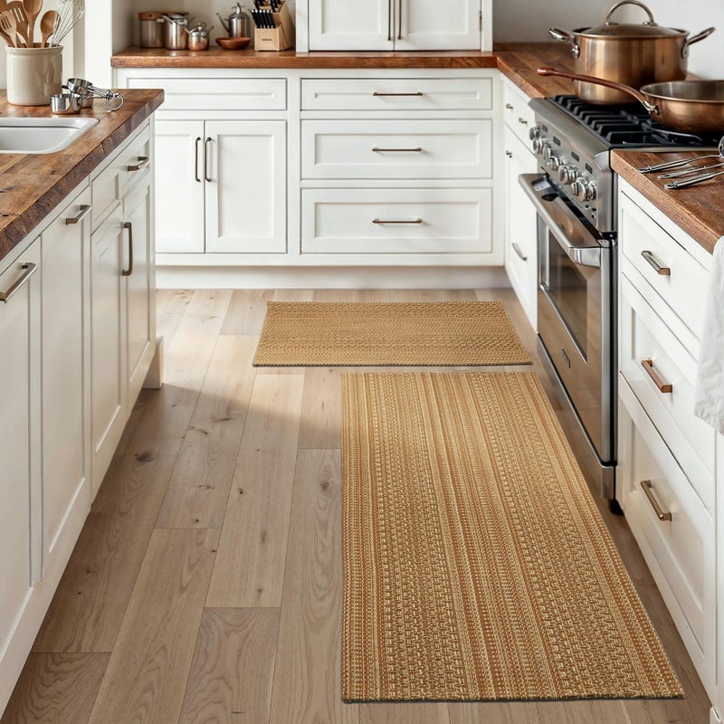 MatEssenz Cotton Blend Kitchen Rug Set 2 Piece, American Country Woven Runner Rug and Doormat, 20"x48"+20"x30", Rustic Farmhouse Washable Area Rugs for Kitchen, Laundry, Entryway - Image 2