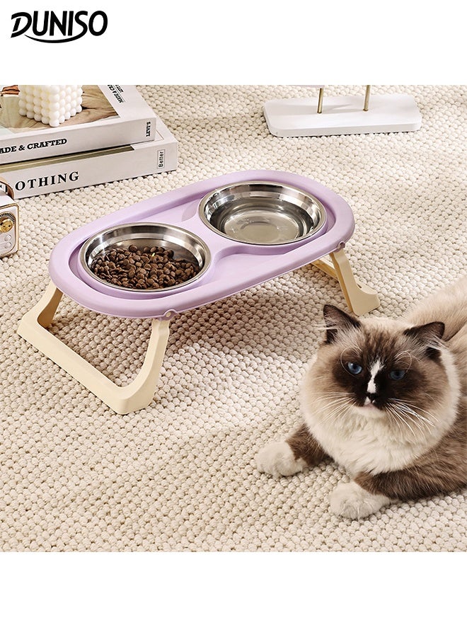 DUNISO أوعية طعام مزدوجة مرتفعة للقطط من الفولاذ المقاوم للصدأ مع حامل قابل للطي، أوعية طعام للحيوانات الأليفة مضادة للتقيؤ، أوعية طعام غير قابلة للانزلاق لحماية عمود الفقر للحيوانات الأليفة للقطط والجراء - Image 1