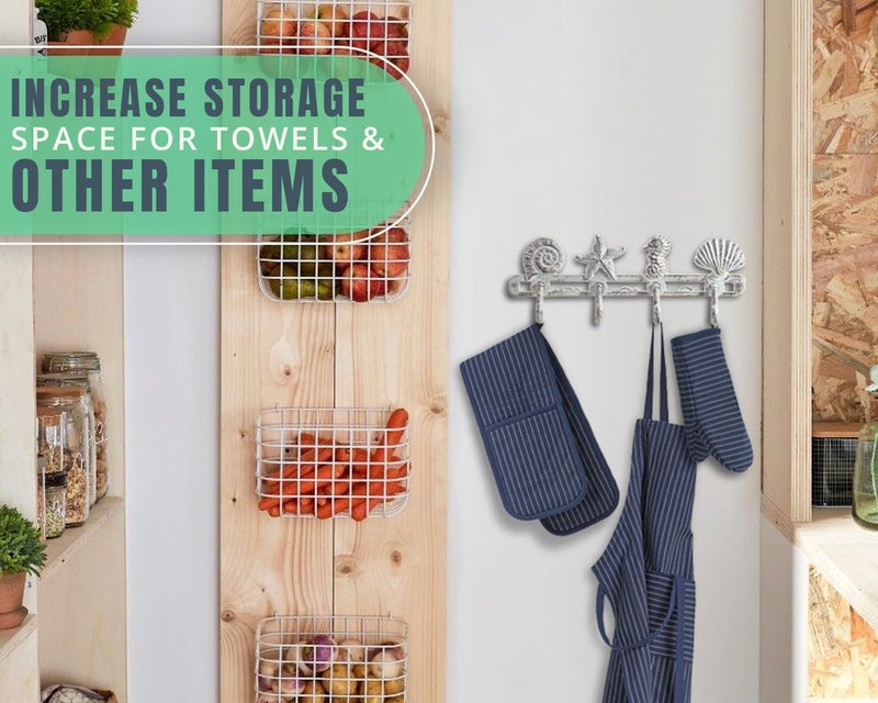 كومفيفي Comfify Vintage صدف معطف هوك شماعات حائط ريفية من الحديد الزهر مع 4 خطافات زخرفية - تتضمن براغي ومراسي - باللون الأبيض العتيق - ديكور منزل الشاطئ - أبيض عتيق - Image 5