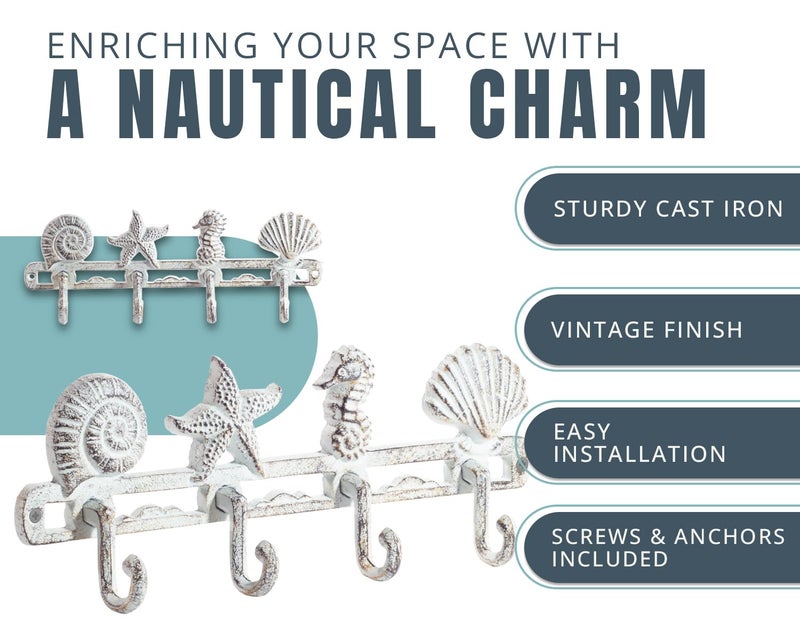 كومفيفي Comfify Vintage صدف معطف هوك شماعات حائط ريفية من الحديد الزهر مع 4 خطافات زخرفية - تتضمن براغي ومراسي - باللون الأبيض العتيق - ديكور منزل الشاطئ - أبيض عتيق - Image 2