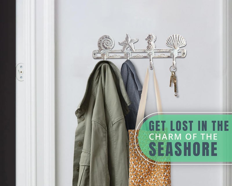 كومفيفي Comfify Vintage صدف معطف هوك شماعات حائط ريفية من الحديد الزهر مع 4 خطافات زخرفية - تتضمن براغي ومراسي - باللون الأبيض العتيق - ديكور منزل الشاطئ - أبيض عتيق - Image 4