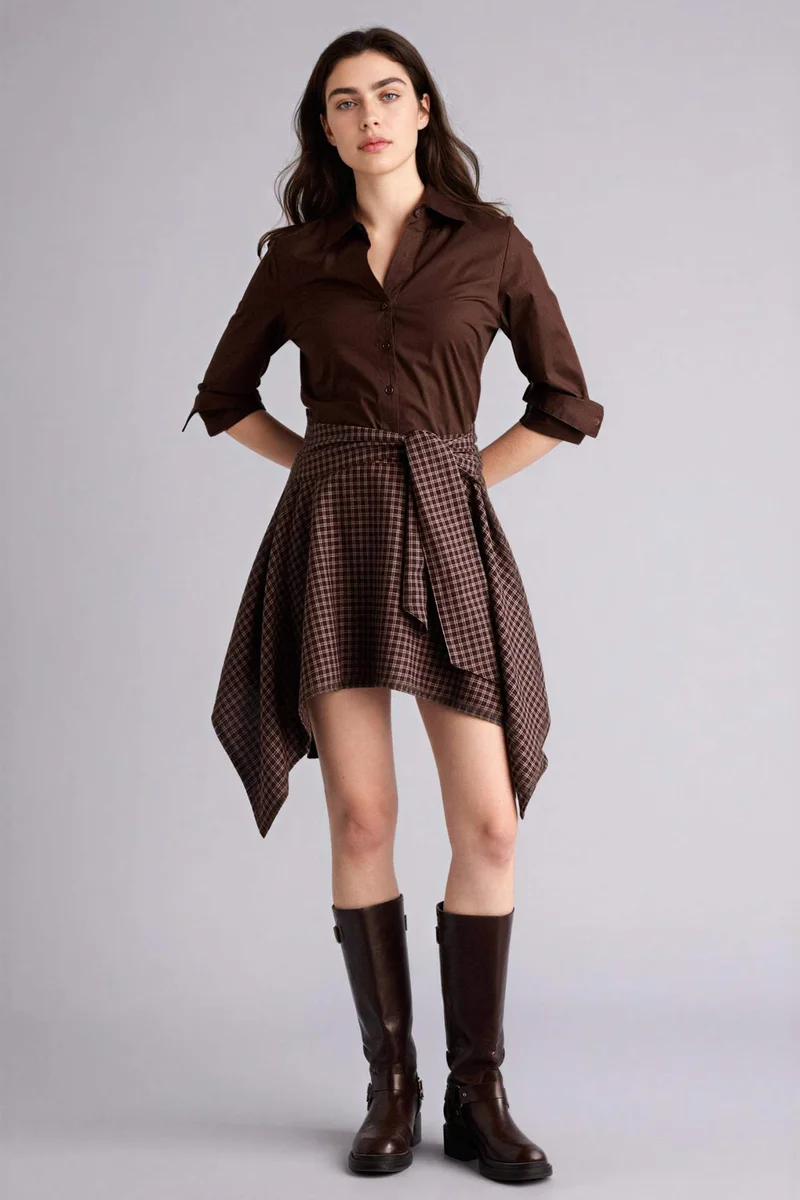 ديفاكتو 100% Cotton Asymmetric Plaid Flanel Normal Waist Midi Skirt