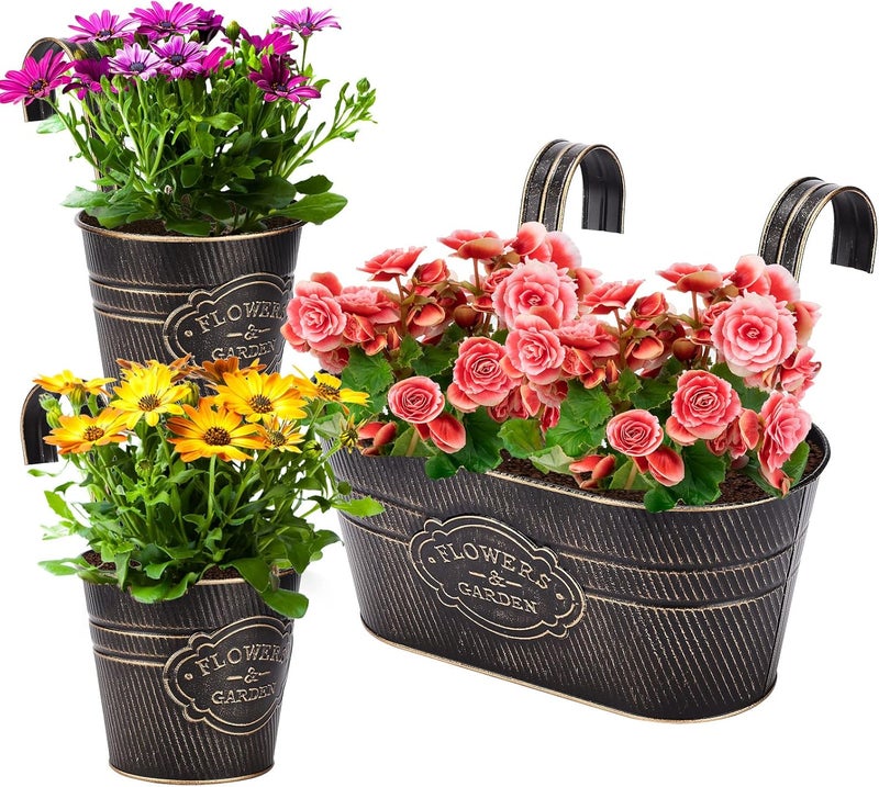 PerGar In-Kingdom stored commodity Vintage Metal Iron Wall Hanging Flower Pots, Rustic Planter Bucket Herb Flower Plant Holder with Detachable Hooks & Drainage Hole for Railing Fence Balcony Deck Garden Home Decoration, Set of 3 Budget friendly premium quality - Image 1