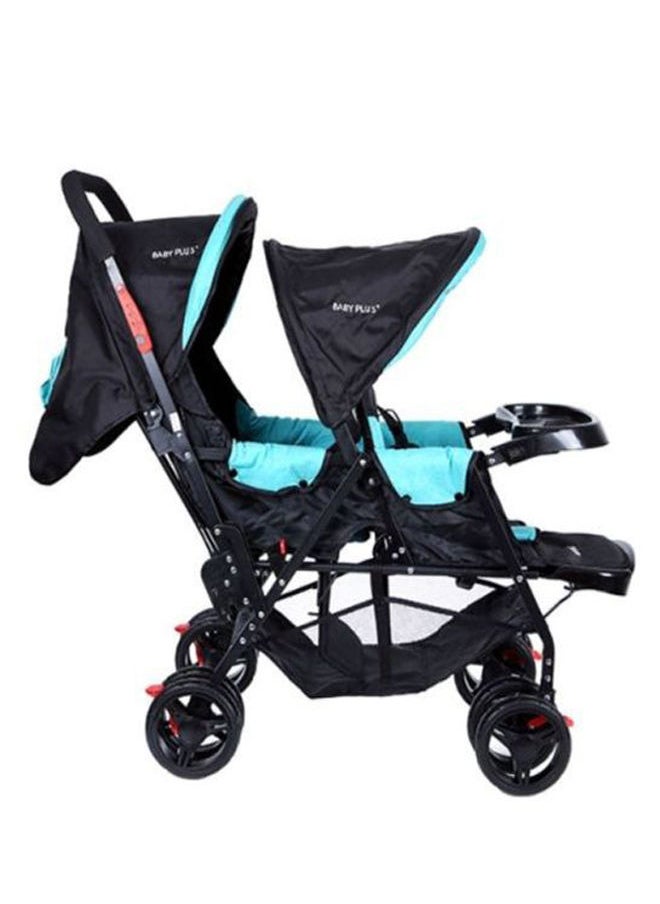 BABY PLUS - Twin Stroller With Adjustable Snack Tray And Footrest, Safety Belt, 8 Fixer Swivel Wheels Reclining Position Storage Basket, Unisex, 12 To 36 Months- Blue - Image 1