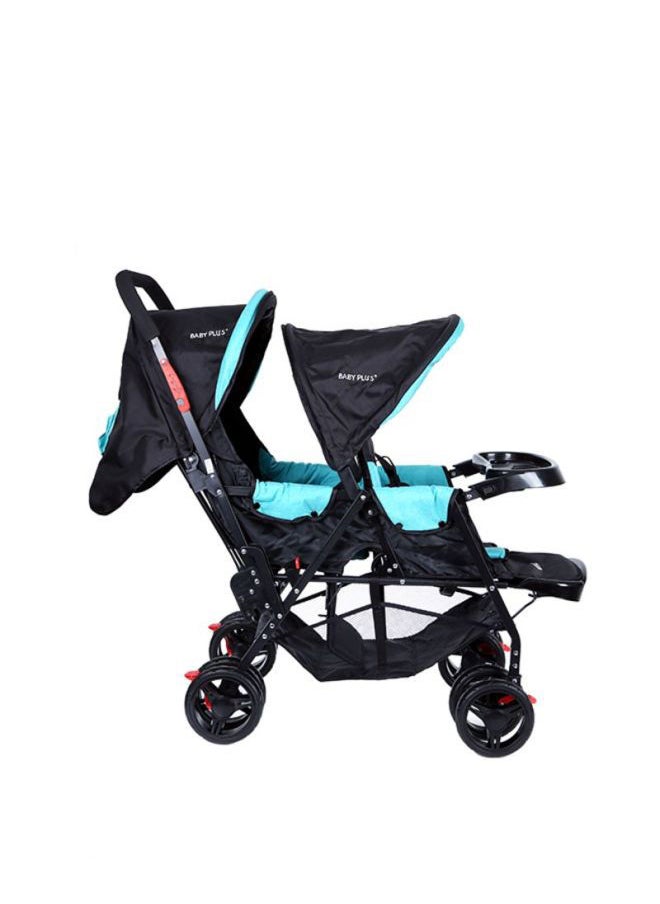 BABY PLUS - Twin Stroller With Adjustable Snack Tray And Footrest, Safety Belt, 8 Fixer Swivel Wheels Reclining Position Storage Basket, Unisex, 12 To 36 Months- Blue - Image 1