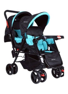 Twin Stroller With Adjustable Snack Tray And Footrest, Safety Belt, 8 Fixer Swivel Wheels Reclining Position Storage Basket, Unisex, 12 To 36 Months- Blue