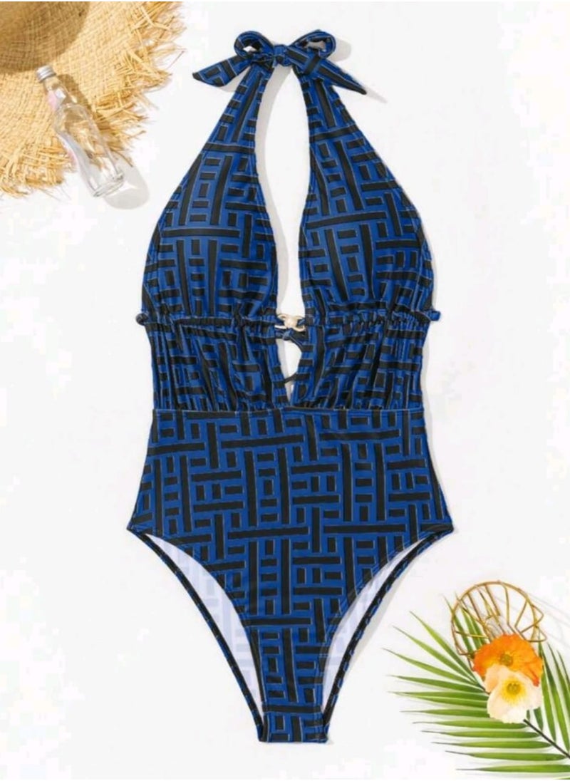 Shein - SHEIN Swim 1pc Random Print Plunge Neck Bodysuit, Fitted &  Summer - Image 1