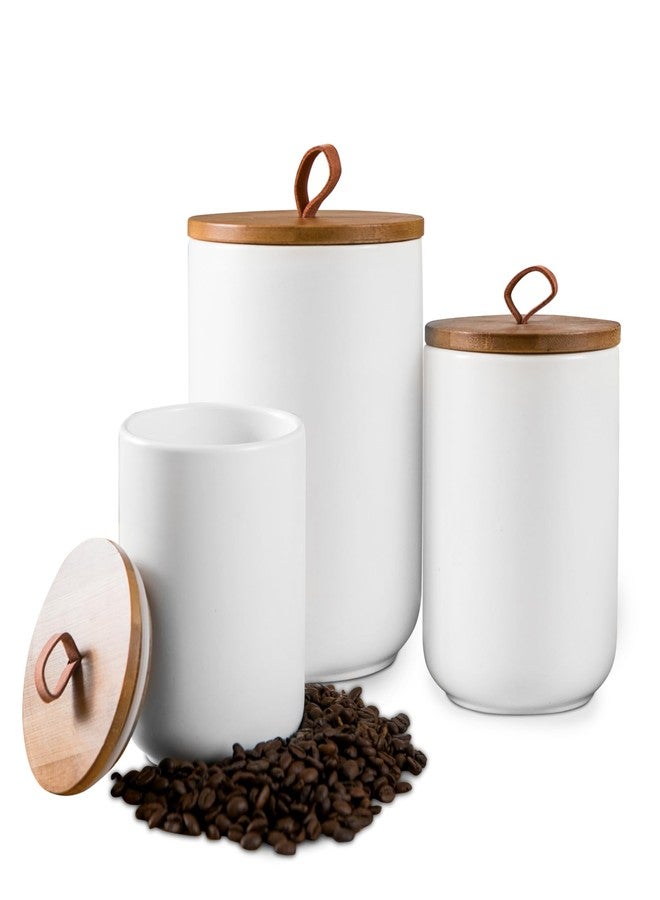 Tenforie White Canister Sets for Kitchen, 3pcs Ceramic Canisters with Airtight Wooden Lid, Food Storage Jar, Large Kitchen Storage Containers for Serving Coffee Beans, Tea, Sugar, Salt, Spices - Image 1