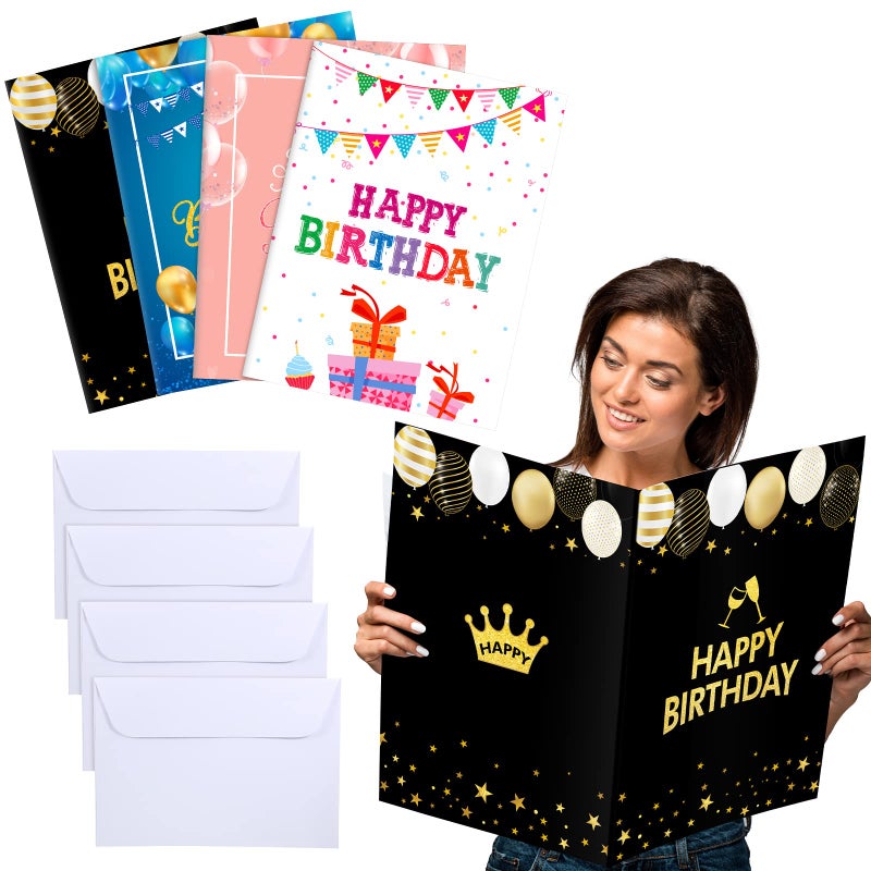 Leitee 4 Pcs Jumbo Happy Birthday Card Big Large Birthday Cards with Envelope 17 x 12'' Oversize Giant Greeting Guest Book Party Signs Decorations for Men Women Boss - Image 1