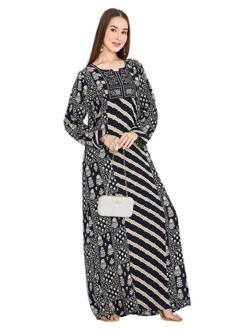 HANA & SARA UNIQUE STYLE PRINTED WITH THREAD EMBROIDERY LONG VISCOSE ARABIC KAFTAN JALABIYA DRESSES  - Image 1
