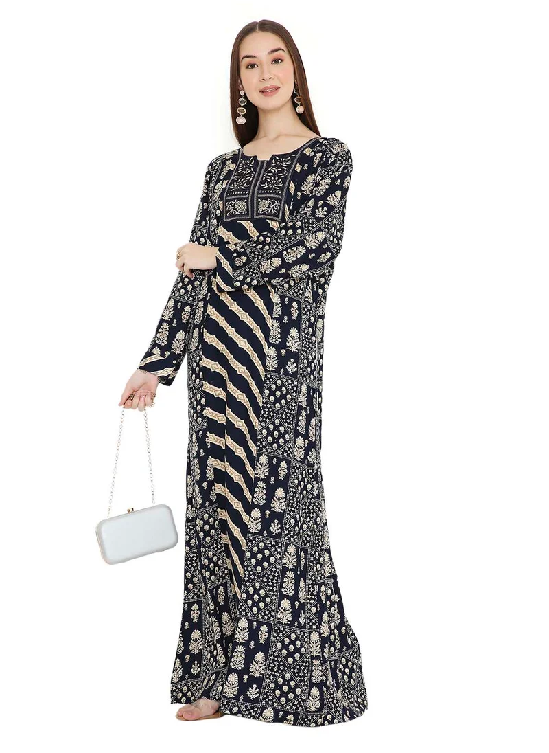HANA & SARA UNIQUE STYLE PRINTED WITH THREAD EMBROIDERY LONG VISCOSE ARABIC KAFTAN JALABIYA DRESSES