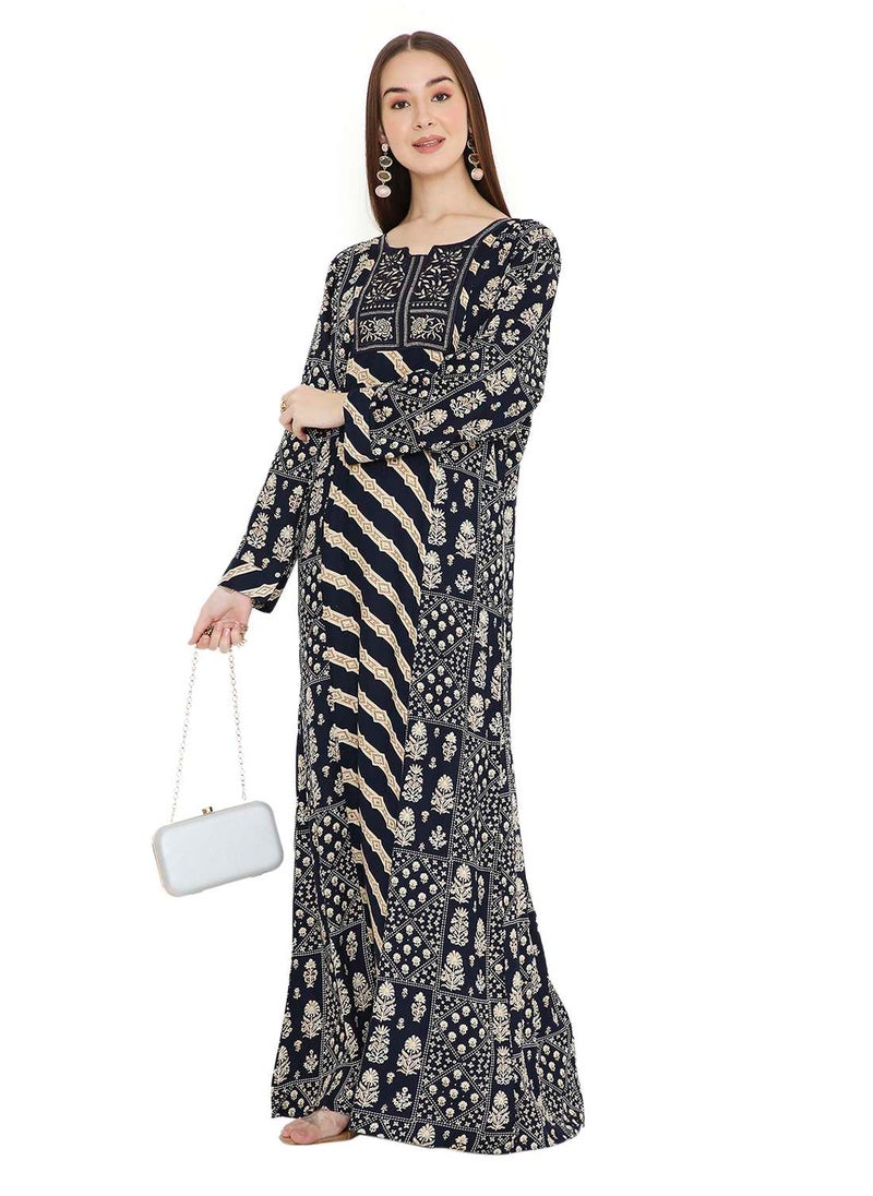 HANA & SARA UNIQUE STYLE PRINTED WITH THREAD EMBROIDERY LONG VISCOSE ARABIC KAFTAN JALABIYA DRESSES  - Image 5