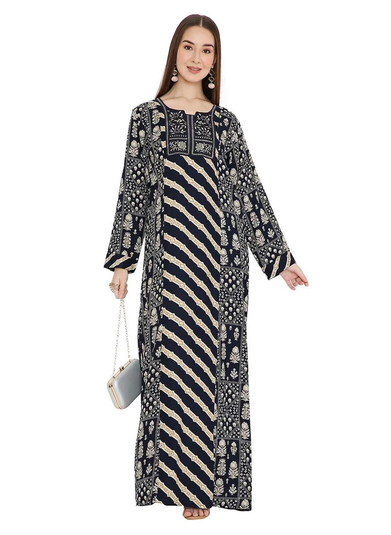 HANA & SARA UNIQUE STYLE PRINTED WITH THREAD EMBROIDERY LONG VISCOSE ARABIC KAFTAN JALABIYA DRESSES