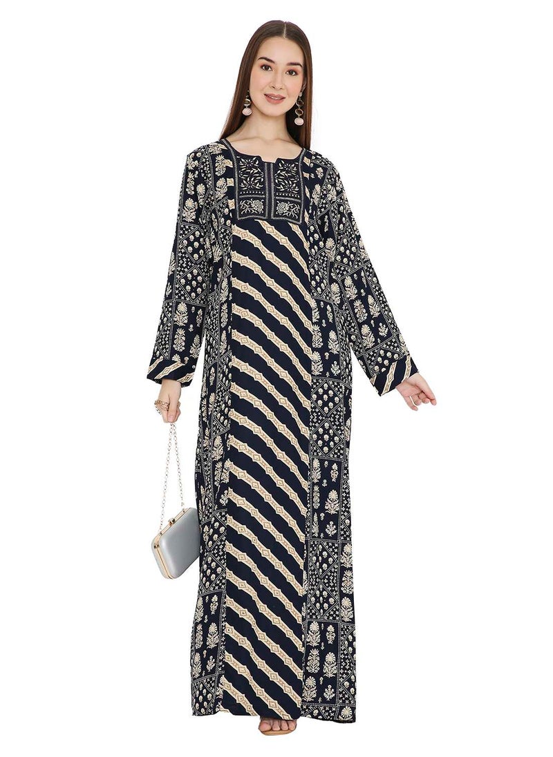 HANA & SARA UNIQUE STYLE PRINTED WITH THREAD EMBROIDERY LONG VISCOSE ARABIC KAFTAN JALABIYA DRESSES  - Image 4