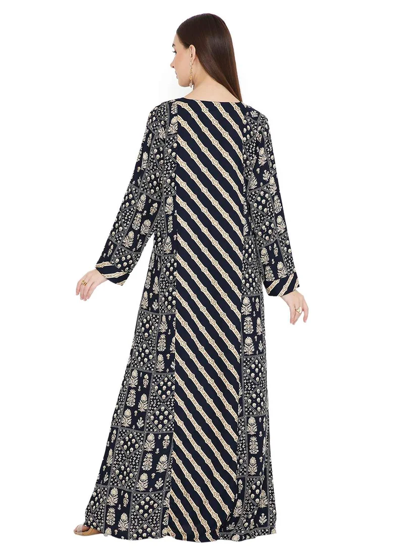 هانا آند سارا UNIQUE STYLE PRINTED WITH THREAD EMBROIDERY LONG VISCOSE ARABIC KAFTAN JALABIYA DRESSES