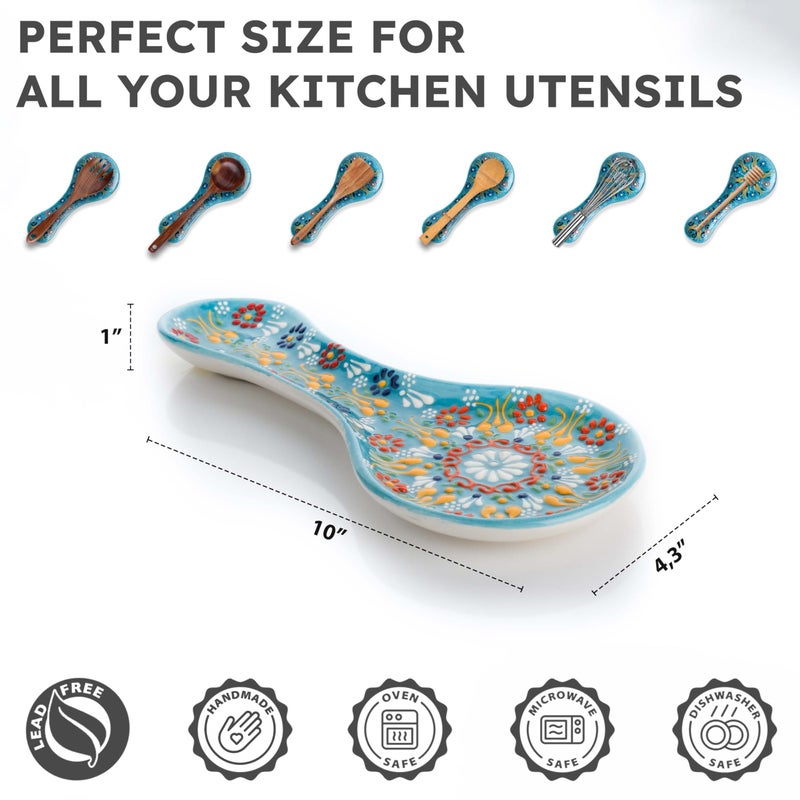 EVANILIFE Handmade Spoon Rest, Ceramic Spoon Rest for Stove Top, 10" Spoon Rest for Kitchen Counter, Dishwasher Safe Spoon Holder for Stove, Housewarming Gifts Utensil Rest, Colorful Spoon Rests (Turquoise) - Image 2