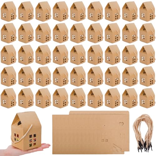 ZAVOOS 50 Pack House Shaped Gift Boxes, Kraft Paper Treat Box with Ropes for Party Favor, Small Decorative Candy Packing Boxes Bulk for Wedding, Housewarming, Birthday, 3.2'' x 3.2'' x 5'' - Image 1