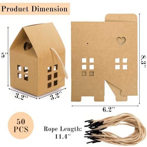 ZAVOOS 50 Pack House Shaped Gift Boxes, Kraft Paper Treat Box with Ropes for Party Favor, Small Decorative Candy Packing Boxes Bulk for Wedding, Housewarming, Birthday, 3.2'' x 3.2'' x 5'' - Image 2