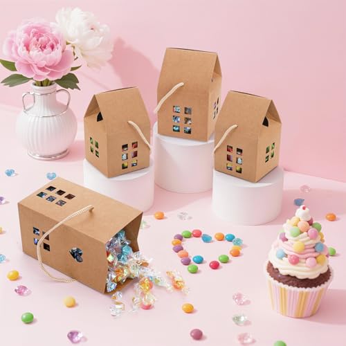 ZAVOOS 50 Pack House Shaped Gift Boxes, Kraft Paper Treat Box with Ropes for Party Favor, Small Decorative Candy Packing Boxes Bulk for Wedding, Housewarming, Birthday, 3.2'' x 3.2'' x 5'' - Image 5