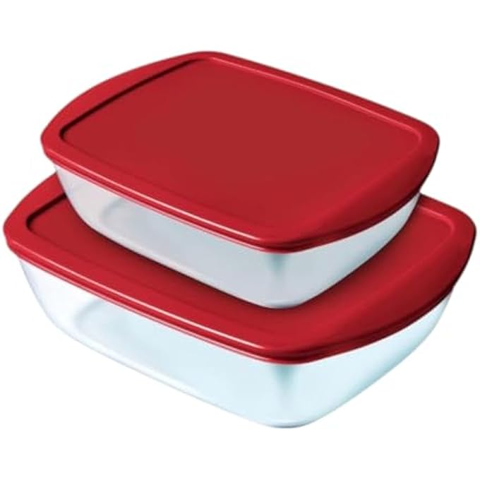rayihni Cook  Store Set Of 2 Rectangular Glass Dishes With Red Lids  12L  25L BpaFree Storage And Bakeware