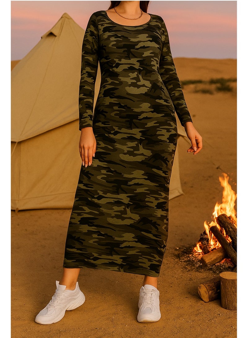 Casual Skinny Dress With An Army Style And An Army Color An Ankle Length Dress With A Round Neck Collar Elegant Long Sleeves And A Stretch Fabric That Highlights The Body Shape Suitable For All Seasons Of The Year Size 2XL  - Image 1