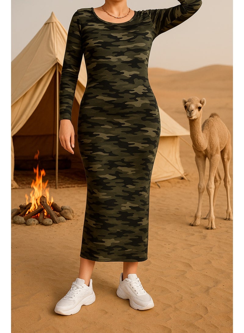 Casual Skinny Dress With An Army Style And An Army Color An Ankle Length Dress With A Round Neck Collar Elegant Long Sleeves And A Stretch Fabric That Highlights The Body Shape Suitable For All Seasons Of The Year Size 2XL  - Image 3