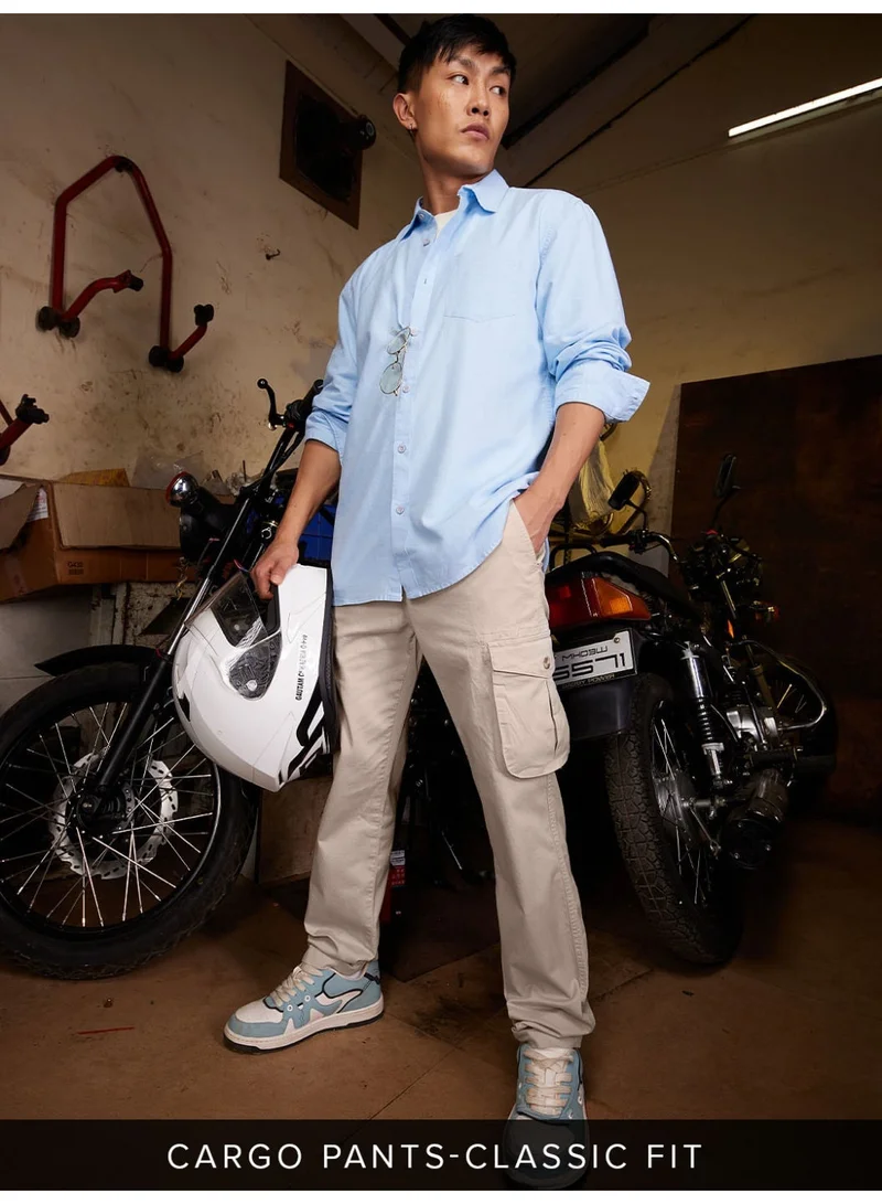 The Souled Store Men Beige Solid Regular Fit Cargo Pants