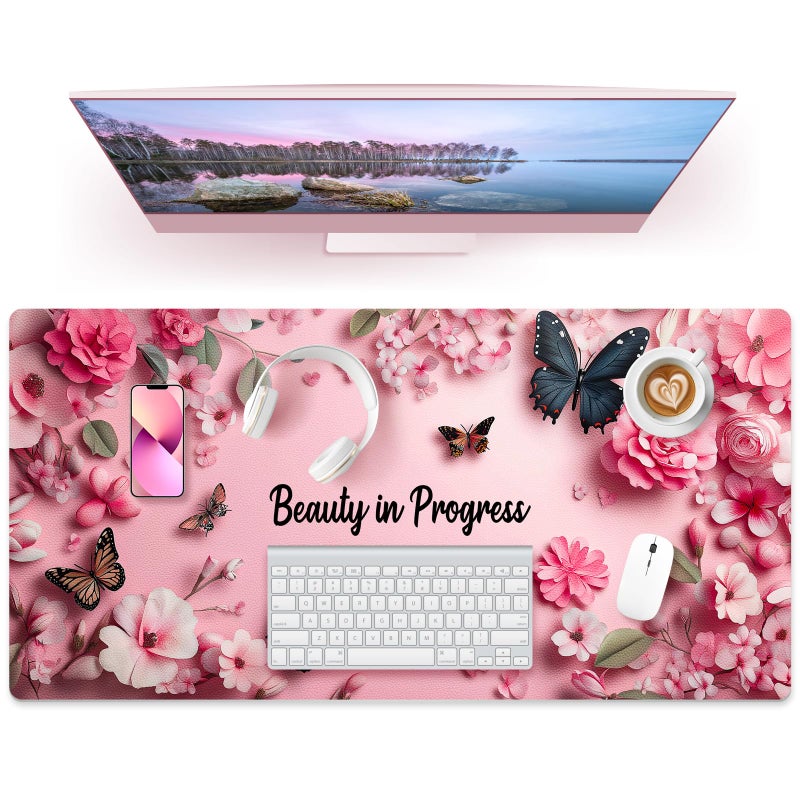 Aphlos PU Leather Desk Mat Blotter,Cute Pink Desk Mat for Office, Home,School,Keyboard,Mouse,15.7"x31.5" Large Non-Slip Writing Mat with Travel Storage Strap, Waterproof Easy to Clean (Pink Butterfly) - Image 1