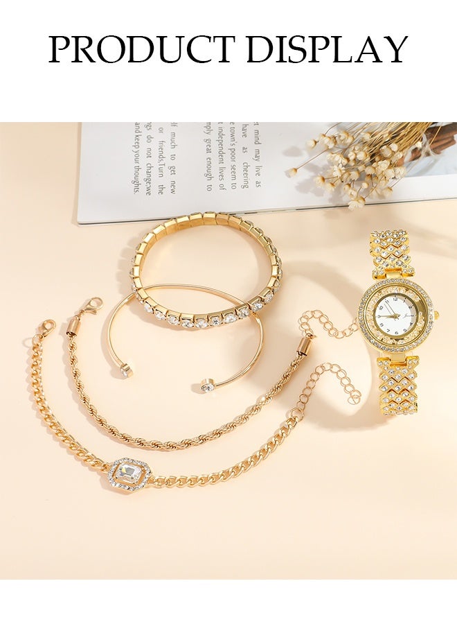 DUNISO Gold And Diamond Ladies Quartz Watch Set, Digital Face Steel Watch Bracelet Set, With Box, Four Bracelets And One Watch, High-End Ladies Watch Gift Set, With Diamond Decoration - Image 5