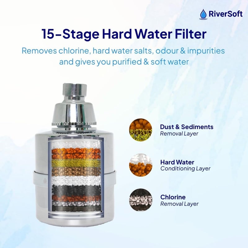 RiverSoft فلتر ديفا-01 للدش للمياه العسرة مع 15 مرحلة | فلتر دش للمياه العسرة | جهاز تنعيم المياه للحمام (كروم، عبوة من 1) - Image 4